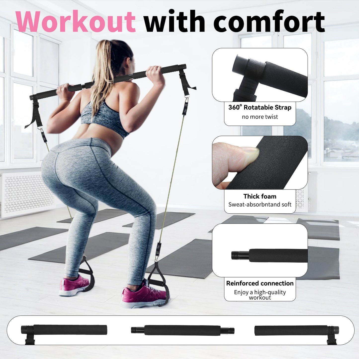 Professional Yoga & Pilates Bar Kit - 18-Piece Full-Body Workout Set With Adjustable 3-Section Bar, Ab Roller, 6 Resistance Bands, Ankle Straps & Door Anchor