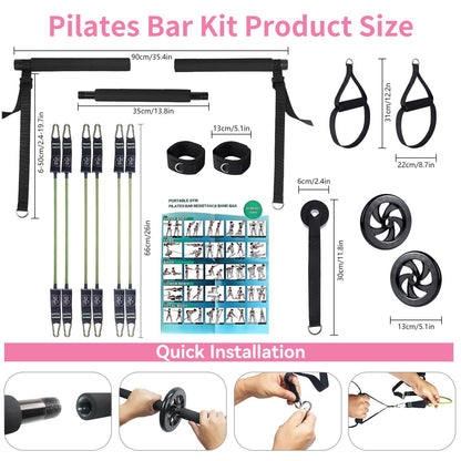Professional Yoga & Pilates Bar Kit - 18-Piece Full-Body Workout Set With Adjustable 3-Section Bar, Ab Roller, 6 Resistance Bands, Ankle Straps & Door Anchor